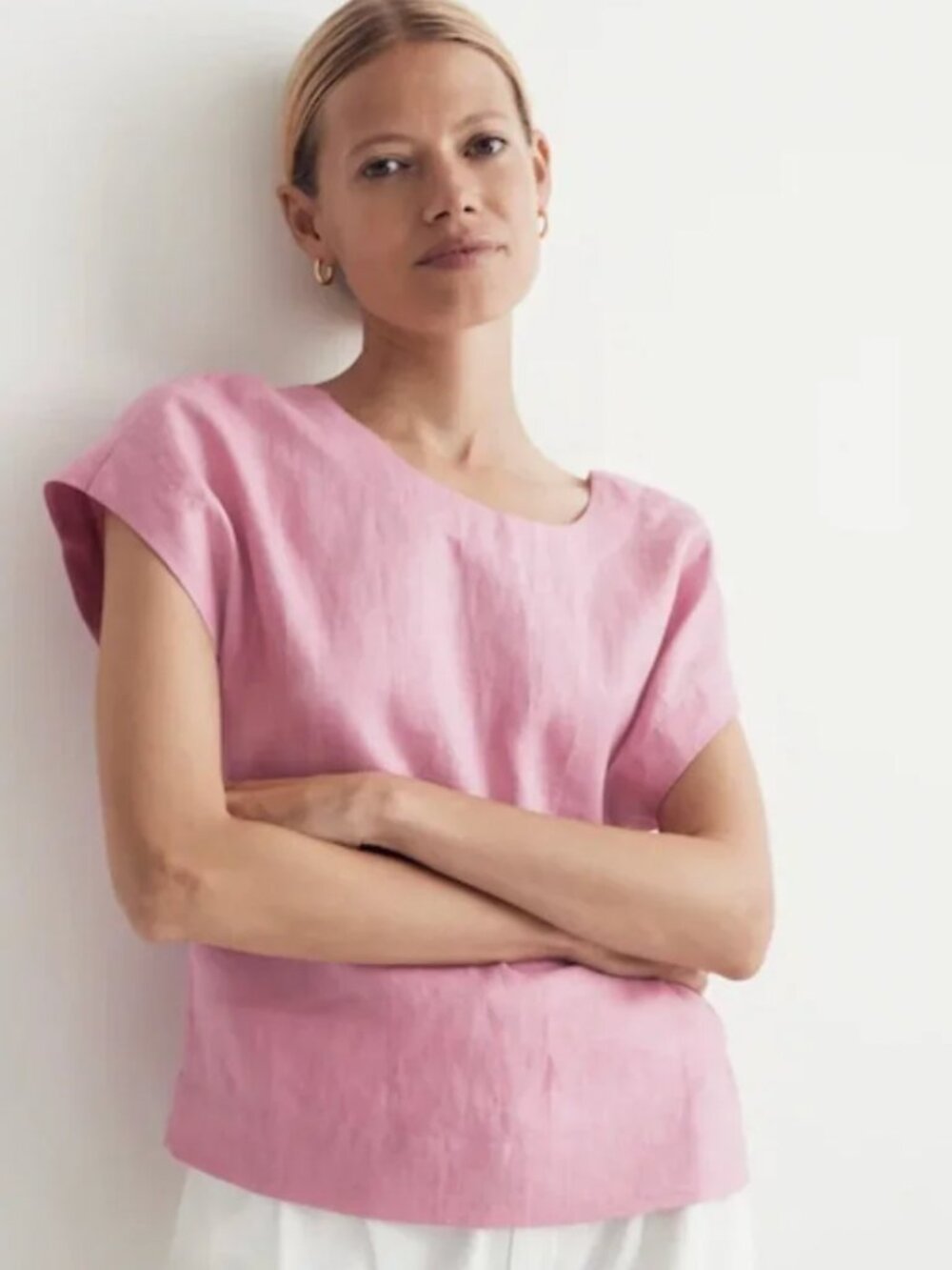 Madewell Pink Linen Short Sleeve Top Square Back - M